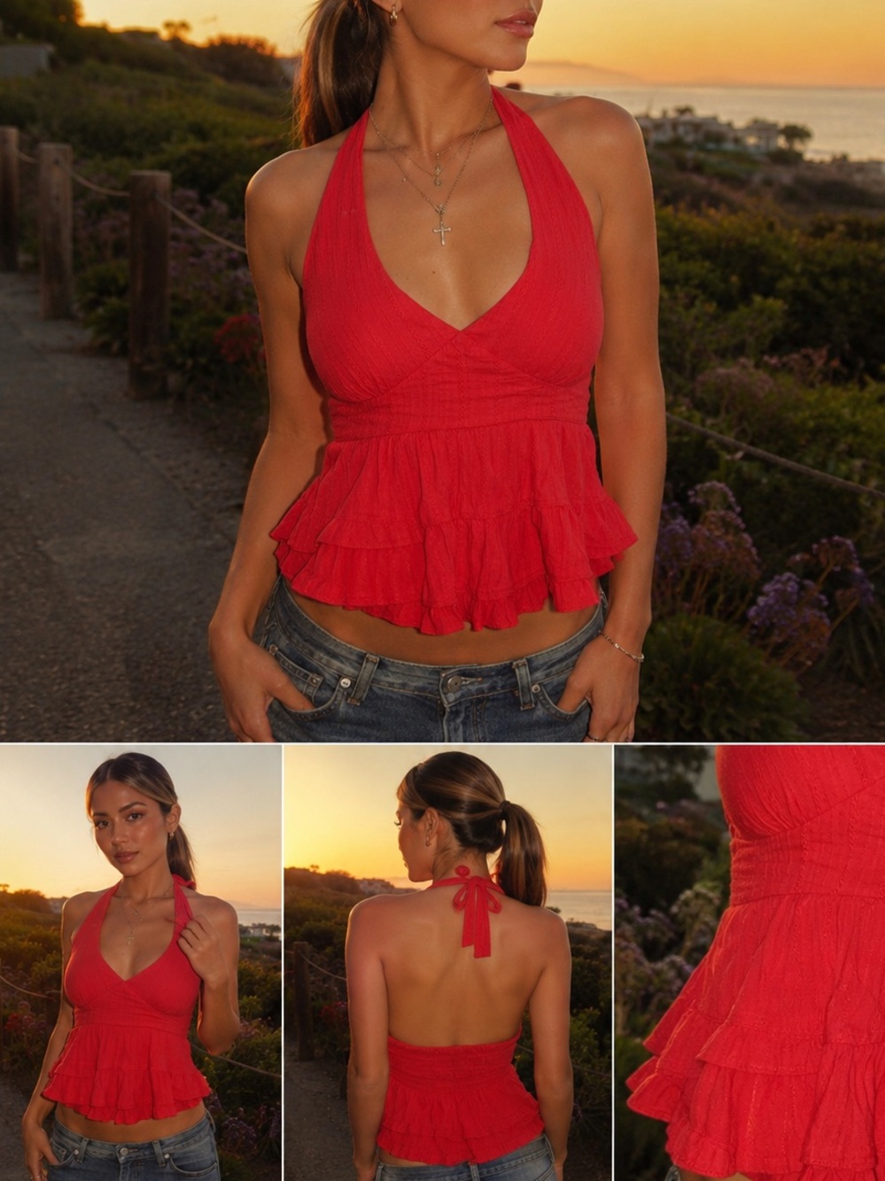 Wild Fable Red Textured Halter Ruffle Babydoll Tank Top XXS Y2K Boho
